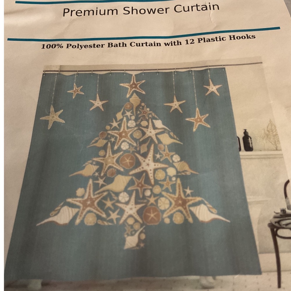 Coastal Christmas Starfish Seashell Tree Shower Curtain Blue 69x70 With Hooks